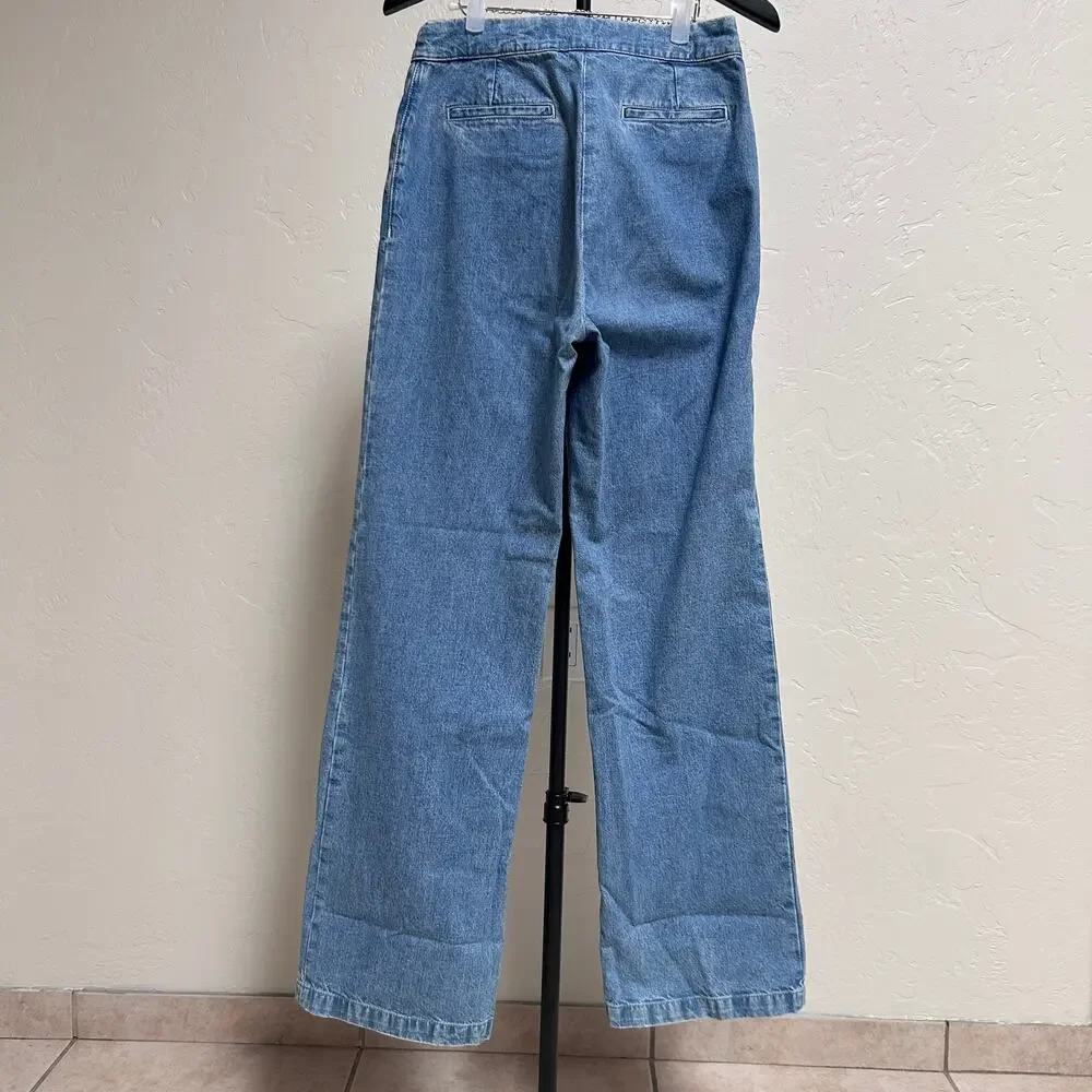 Sezane Martin Cut Jeans High Rise Wide Leg Cotton French Girl Soft Blue 38 US 6